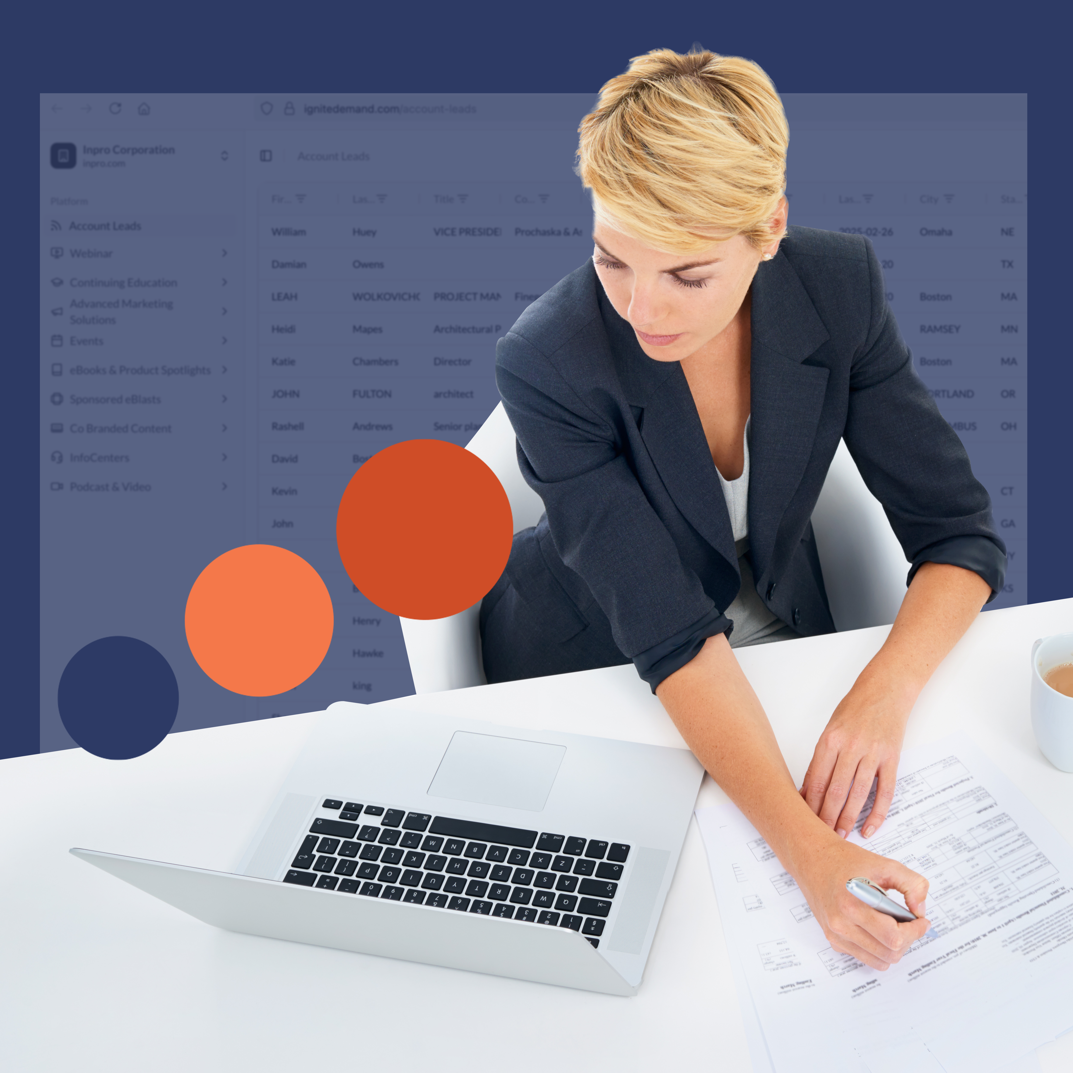 Marketing professional analyzing IgniteDemand lead-scoring dashboard on a laptop