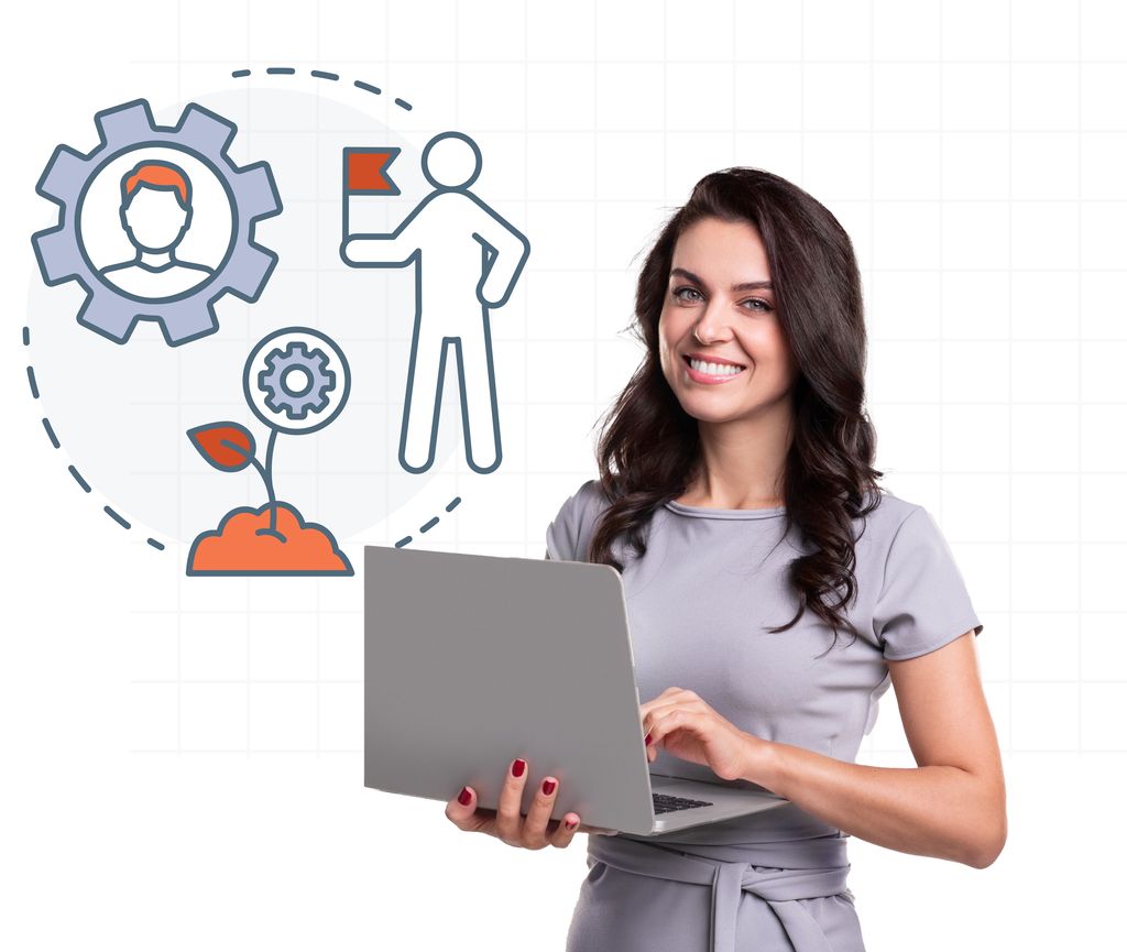 Marketing professional smiling while using a laptop, with growth icons illustrating lead nurturing and goal achievement