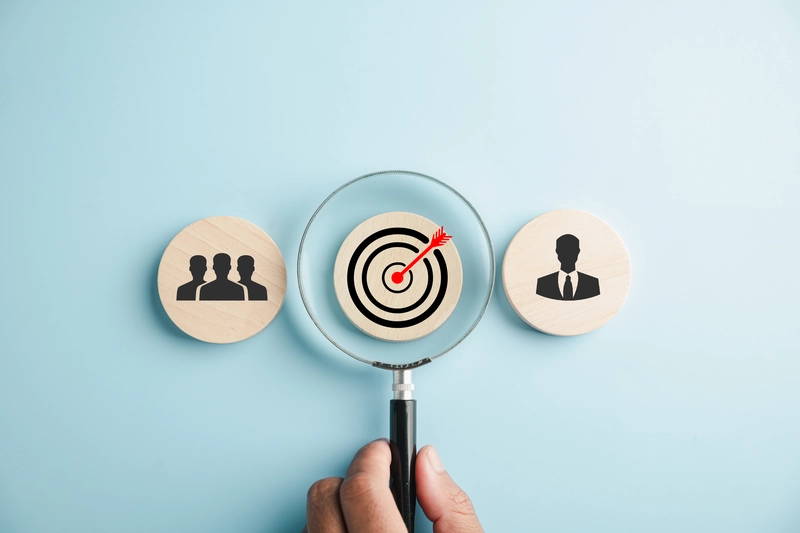 Magnifying glass highlighting a bullseye target between audience and business icons, representing precise B2B lead targeting